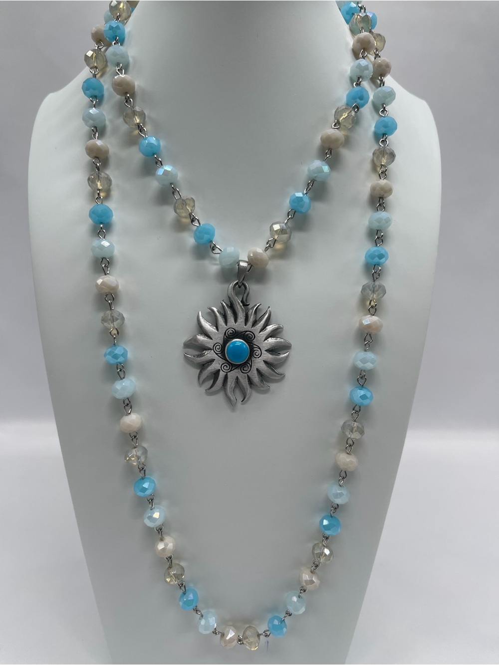 Blue & Cream Beaded Sun Pendant Necklace - Unbranded